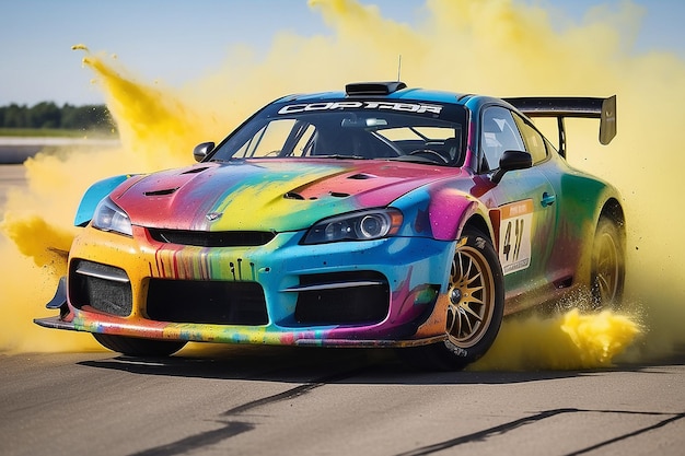 Une voiture de course colorée avec un éclaboussure de peinture sur le devant