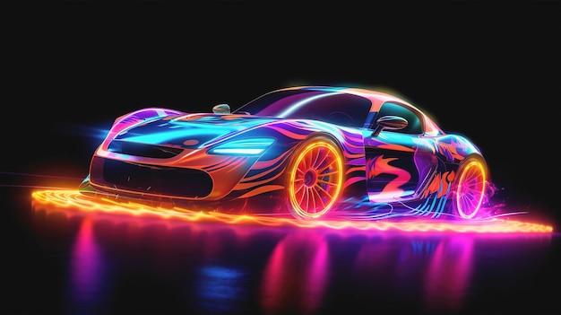 Voiture de course dans un style néon lumineux sur fond sombre