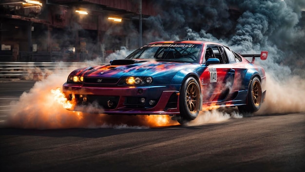 La voiture de course Fiery Drift en mouvement