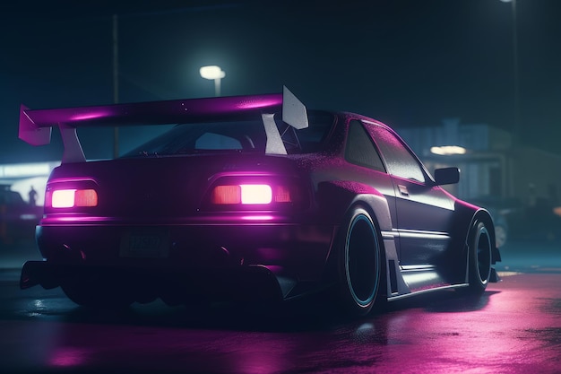Une voiture de course garée la nuit dans un parking faiblement éclairé avec des lumières violettes et des reflets anamorphiques soulignant son profil élégant