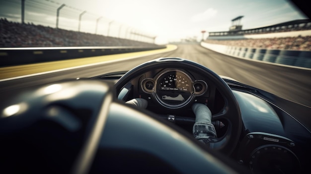 Une voiture de course Porsche noire est représentée de l'intérieur d'une voiture de course.