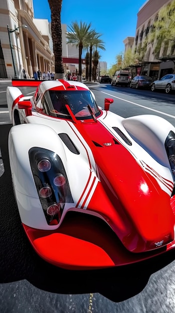 Photo une voiture de course rouge et blanche est garée dans la rue.
