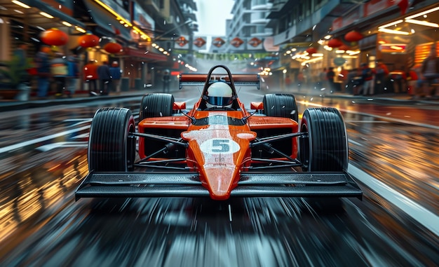 Photo une voiture de course rouge roule dans la rue de la ville. un coureur sur une voiture de course passe la piste.