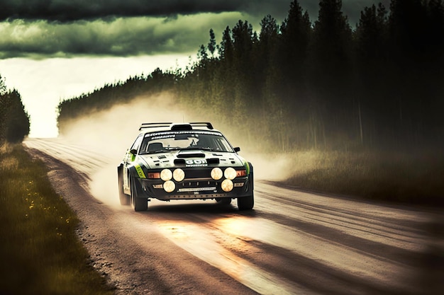 Voiture de course de sport automobile conduisant sur une route poussiéreuse devant l'IA générative de la forêt