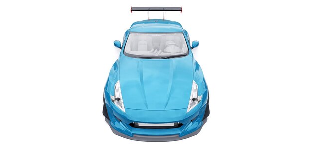 Voiture de course sportive à l'écoute bleue avec suspension pneumatique à extensions d'arche et un énorme rendu 3d de becquet