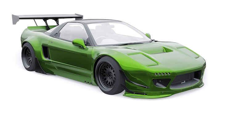 Photo voiture de course sportive à l'écoute avec suspension pneumatique à extensions d'arche et un énorme rendu 3d de spoiler