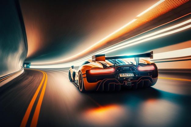 Voiture de course sportive à grande vitesse dans un tunnel éclairé.