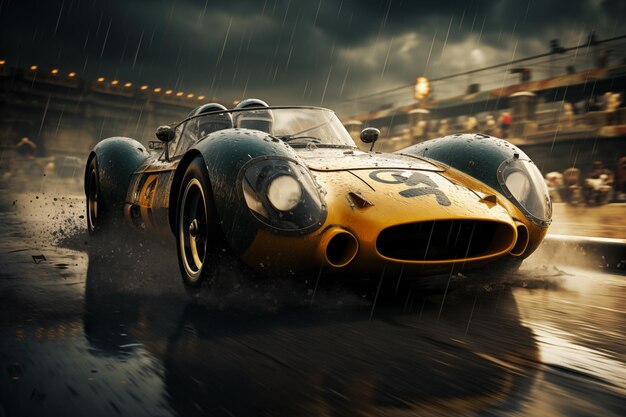 Une voiture de course vintage conduisant de manière spectaculaire sur une piste mouillée avec un ciel sombre et orageux et des éclaboussures d'eau