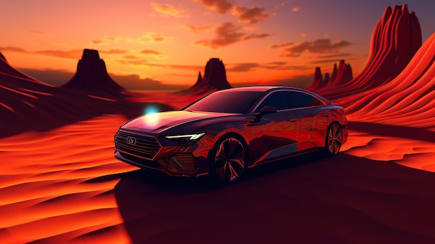 Photo voiture dans le désert avec atmosphère de coucher de soleil ia générative