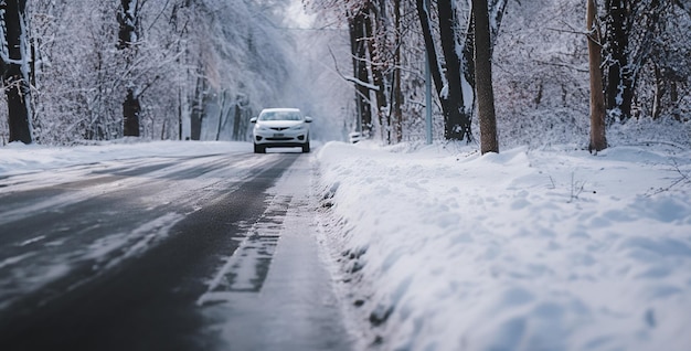 voiture dans la neige voiture d'hiver chemin angle latéral