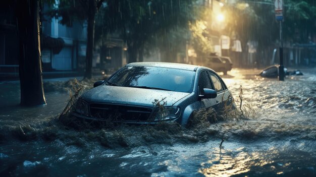 Une voiture dans une rue inondée après une forte pluie