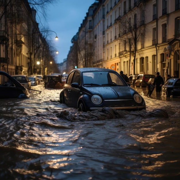 Une voiture dans une rue de ville avec une inondation