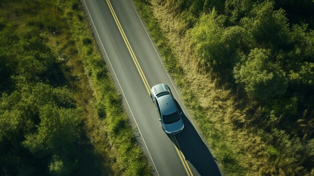 Photo une voiture descend une route avec une route marquée en haut