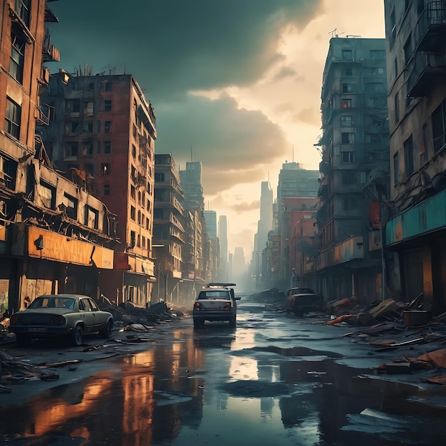 Photo une voiture descend une rue avec un fond de ciel