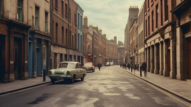 Une voiture descend une rue de la ville.