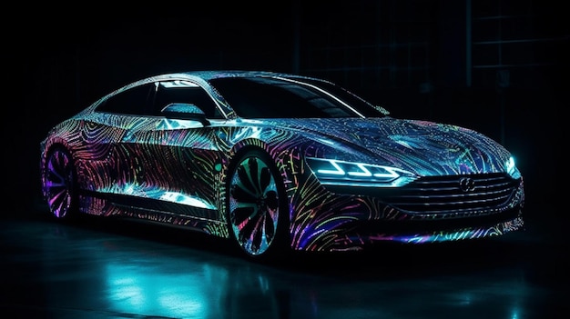 Une voiture avec un design coloré à l'avant.