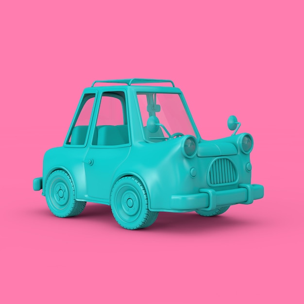 Voiture de dessin animé bleu en style bicolore sur fond rose. Rendu 3D