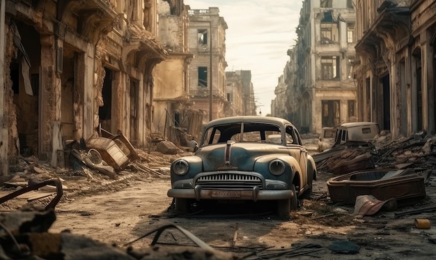 Voiture détruite sur le fond Ville déchirée par la guerre avec des bâtiments brisés Rue de l'IA générative bombardée