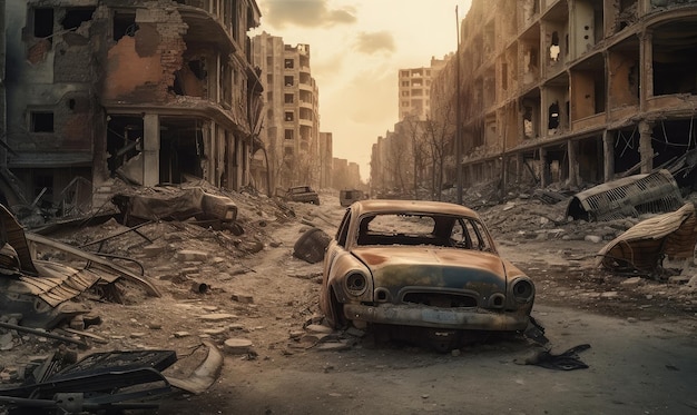 Voiture détruite sur le fond Ville déchirée par la guerre avec des bâtiments brisés Rue de l'IA générative bombardée