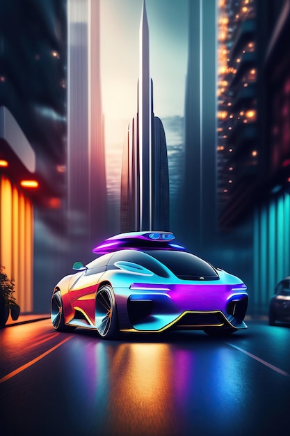 La voiture du futur sur fond de rue de ville futuriste