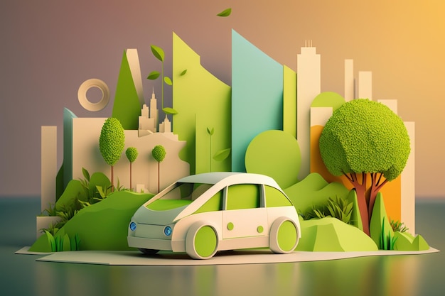 Voiture écologique avec paysage urbain découpé en papier Concept d'énergie renouvelable et durable AI générative