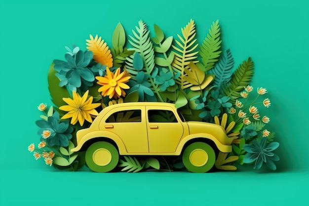 Voiture écologique avec des plantes vertes style papercut Énergie renouvelable et durable AI générative