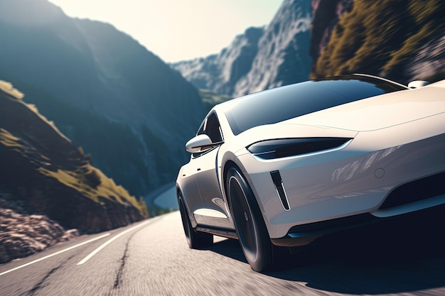 Voiture électrique blanche de sport roulant sur une route de montagne vue de face écologie énergie verte