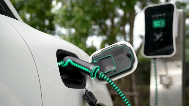 Voiture électrique branchée avec station de recharge dans un parc écologique