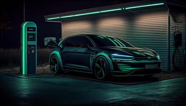 Voiture électrique en charge sur l'illustration de la station Véhicule EV lumineux au néon vert remplissant une batterie Hybride moderne