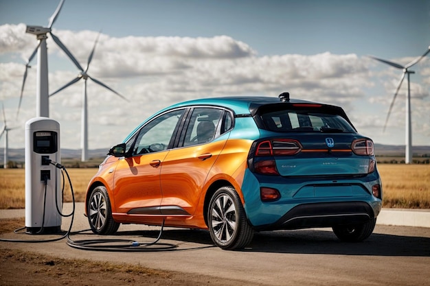 Une voiture électrique en cours de recharge sur une station de recharge avec des éoliennes au loin