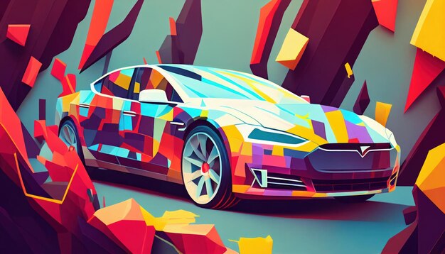 Voiture électrique dans le style des abstractions géométriques lumineuses par Generative AI