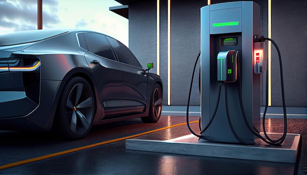 Voiture électrique EV branchée en charge à la station autonome