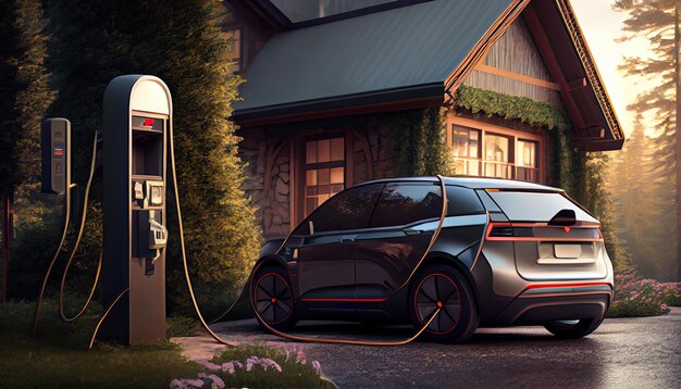 Voiture électrique EV branchée en charge à la station autonome