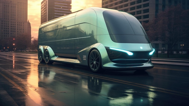 Une voiture électrique futuriste dans une rue de la ville Un concept du futur