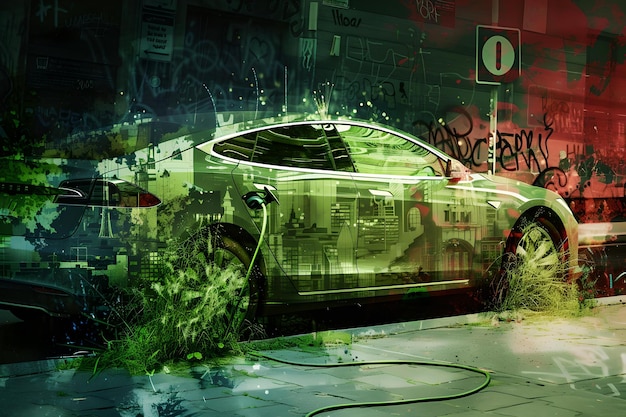 Voiture électrique futuriste recouverte de graffitis vibrants concept de transport urbain écologique représentation moderne de style artistique de la technologie verte IA