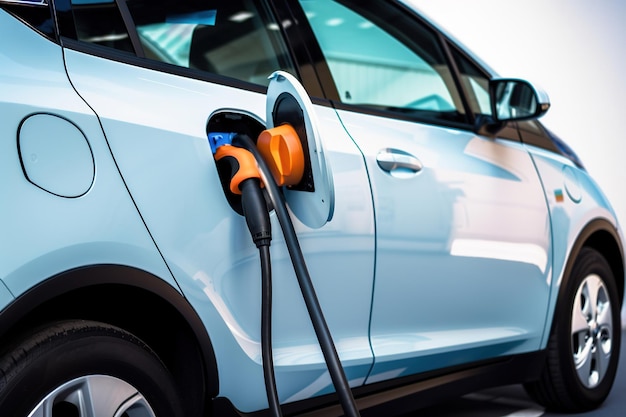 Voiture électrique moderne connectée au courant chargeant sa batterie