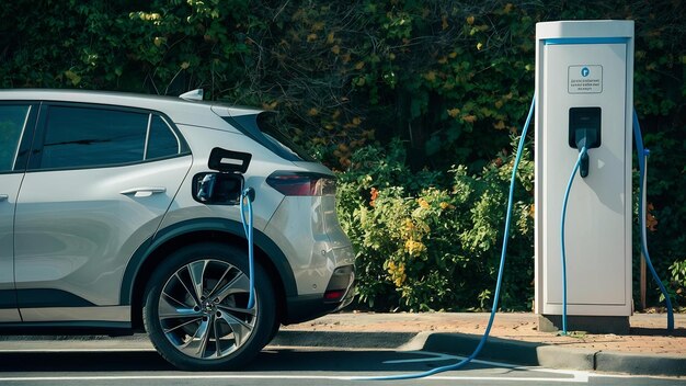 La voiture électrique recharge la batterie à la station de charge électrique