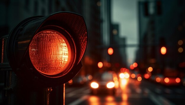 Une voiture électrique roule à toute vitesse dans les rues illuminées de la ville au crépuscule, générées par l'intelligence artificielle