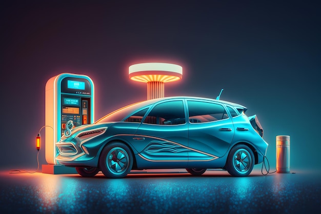 Voiture électrique à la station de charge avec bleu et rouge brillant sur fond sombre Art généré par le réseau de neurones