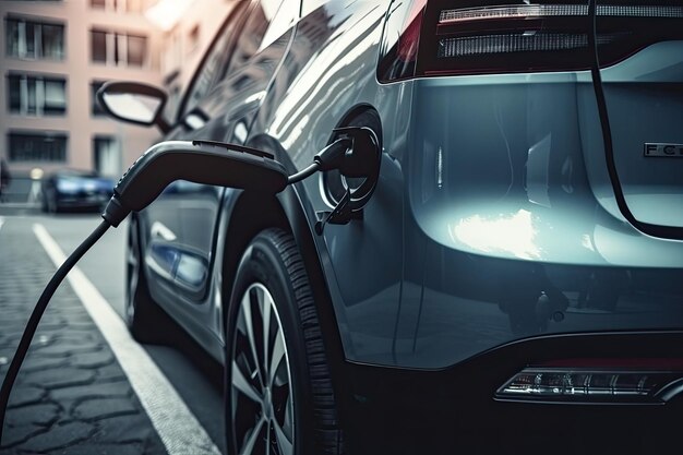 Voiture électrique à la station de charge avec câble d'alimentation branché Véhicule EV en ville Generative AI