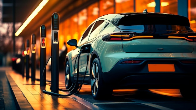 voiture électrique ou véhicule électrique sur une station de recharge avec alimentation électrique concept d'énergie durable écologique voiture hybride IA génératrice