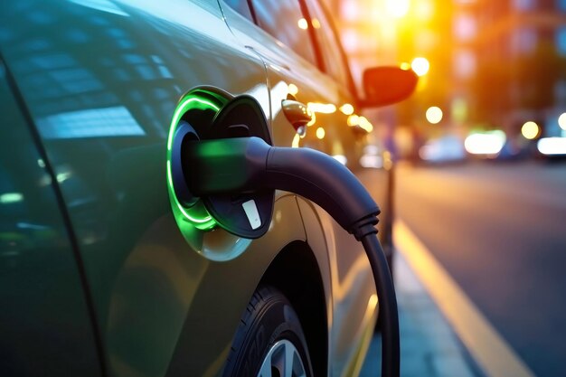 Photo voiture électrique ou véhicule électrique à la station de recharge avec le câble d'alimentation branché sur une nature floue avec un effet d'énergie bleue concept d'énergie durable respectueux de l'environnement