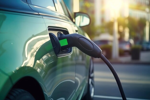 Photo voiture électrique ou véhicule électrique à la station de recharge avec le câble d'alimentation branché sur une nature floue avec un effet d'énergie bleue concept d'énergie durable respectueux de l'environnement