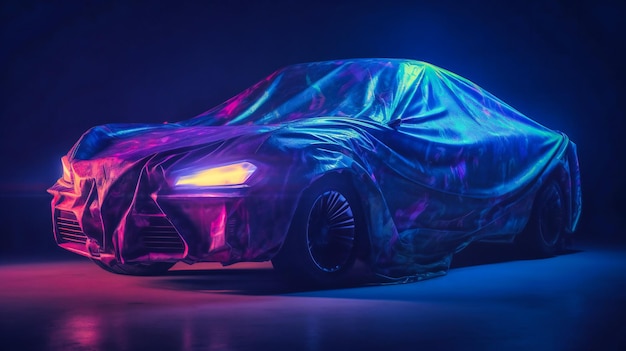 Une voiture à l'envers avec un tissu la recouvrant de lumières violettes et bleues