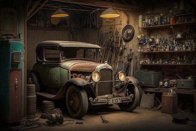 Une voiture d'époque garée à l'intérieur d'un ancien garage avec une collection d'outils anciens et de pièces automobiles