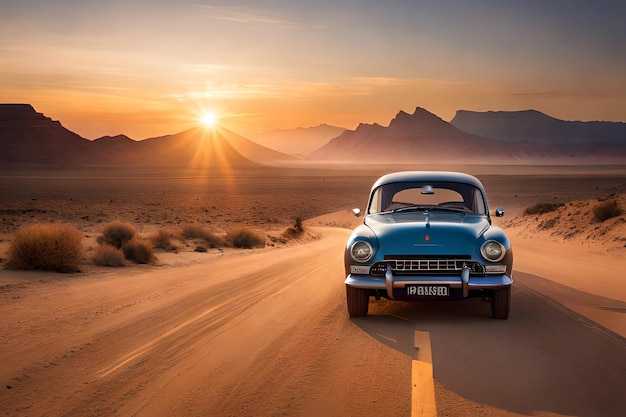 Une voiture d'époque roule sur une route du désert au coucher du soleil.