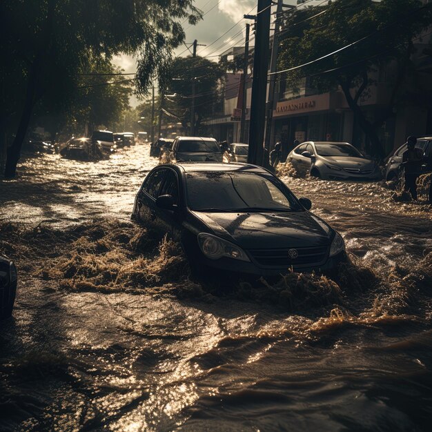 Une voiture est coincée dans une rue inondée.