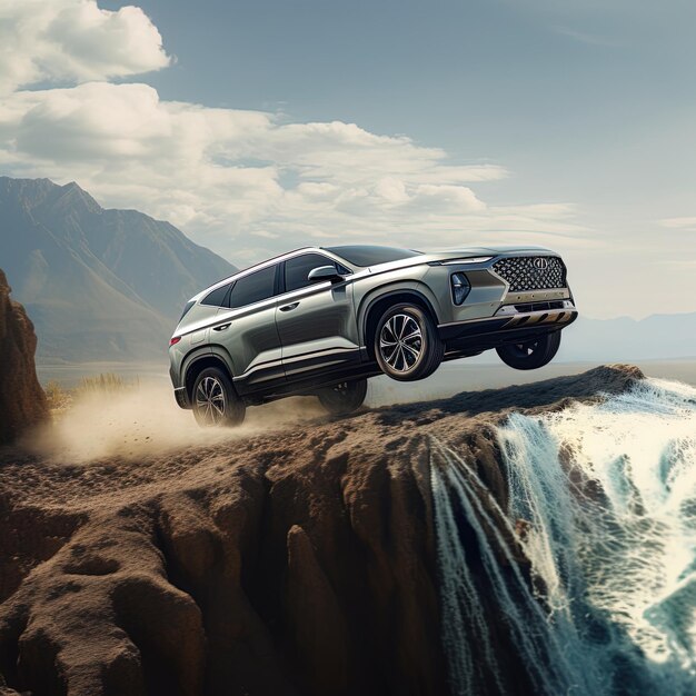 Photo une voiture est sur une falaise au-dessus d'une cascade