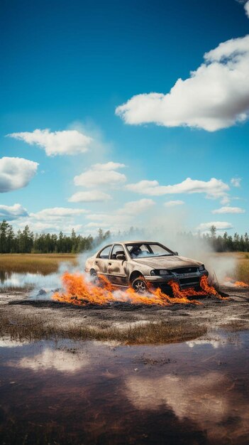 Photo une voiture est en feu au milieu de la route.