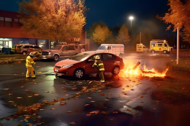 Une voiture est en feu dans un parking le jour d'automne, image générée par un réseau neuronal